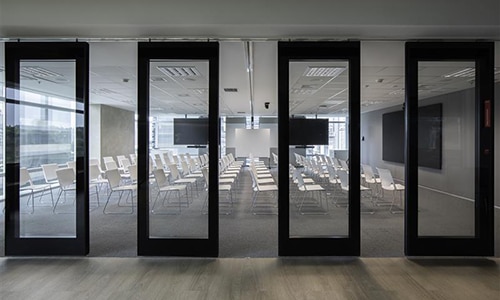 glass doors of large meeting space at Latin America Dow Center